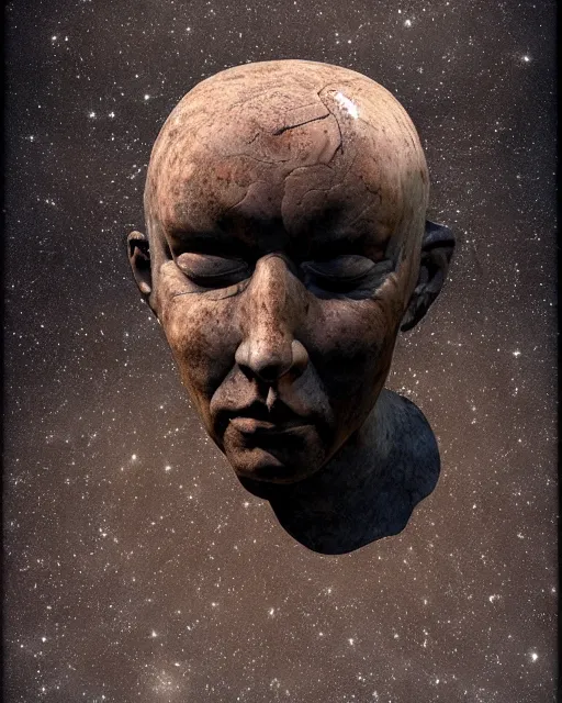 Prompt: planets coming out of a broken renaissance head sculpture, hyper - realistic, in the style of tony santos