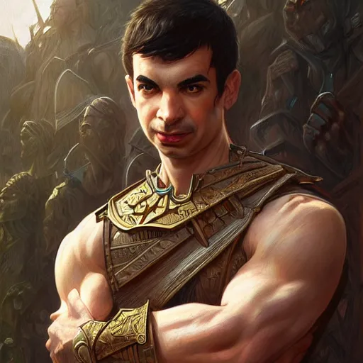 Prompt: Nathan Fielder as a warrior, D&D, muscular, fantasy, intricate, elegant, highly detailed, digital painting, artstation, concept art, smooth, sharp focus, illustration, art by artgerm and greg rutkowski and alphonse mucha