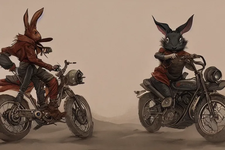 Image similar to bunny wearing a leather jacket riding a motorbike during sakura season on a blood moon, by peter mohrbacher, james jean, wlop, greg rutkowski, rule of thirds, beautiful landscape
