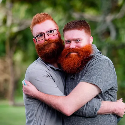 Image similar to a very tall ginger bearded father hugging his young latino son