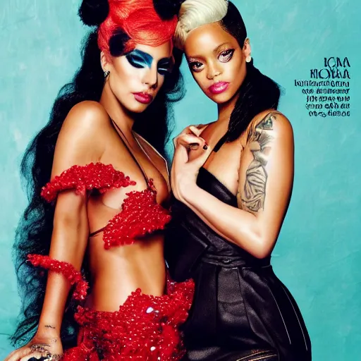 Prompt: lady gaga and rihanna photoshoot vogue magazin, highly realistic. high resolution. highly detailed. dramatic. 8 k. 4 k.