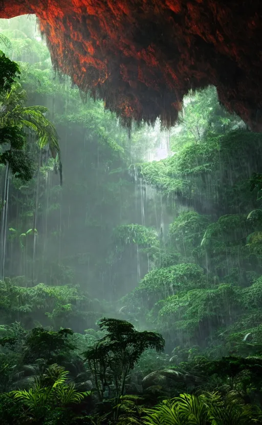 Prompt: a beautiful render of a dark prehistoric rainforest in a humongous cave, lush flora, patches of yellowish - red - magenta sky, sunset lighting, floating mountains and a waterfall in the background, intricate detail, hazy, humid, volumetric lighting, god rays, 8 k, photorealistic, raytracing effects, unreal engine 5