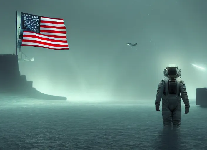 Image similar to astronaut holding a flag in an underwater desert. a submarine is visible in the distance. dark, concept art, cinematic, dramatic, atmospheric, 8 k, trending on artstation, blue, fish, low visibility, fog, ocean floor, christopher nolan, interstellar