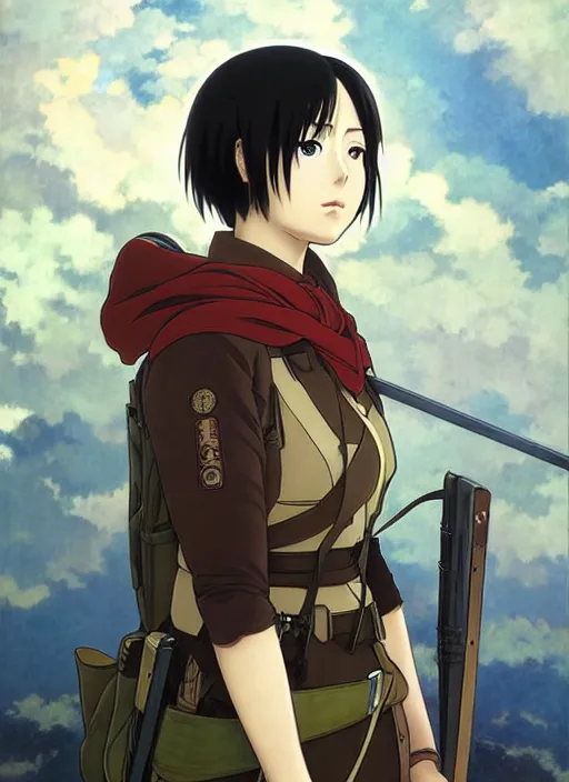 Image similar to portrait of mikasa from aot in odm gear, highly detailed, high quality, digital painting, by studio ghibli and alphonse mucha, leesha hannigan, hidari, art nouveau, chiho aoshima, posuka demizu