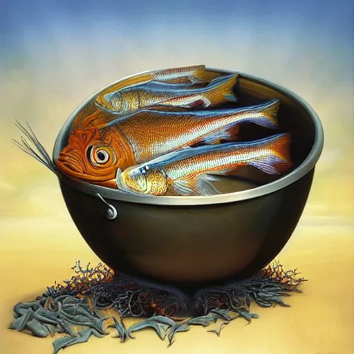 Image similar to surprised fish on a pile of fish in a cooking pot on fire, side view, by vladimir kush, dystopian art, rococo