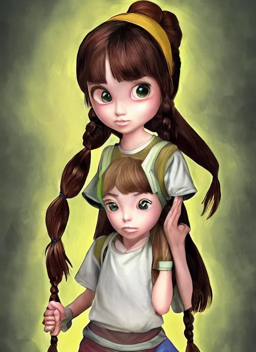 Prompt: An epic fantasy comic book style portrait painting of a young green-eyed feminine! boy, fair skin, long brown hair worn in two pigtails, with his left pigtail being shorter than his right, he wears a yellow hoodie with a grey undershirt, awesome pose, character design by Mark Ryden and Pixar and Hayao Miyazaki, unreal 5, DAZ, hyperrealistic, octane render, cosplay, RPG portrait, dynamic lighting, intricate detail, summer vibrancy, cinematic