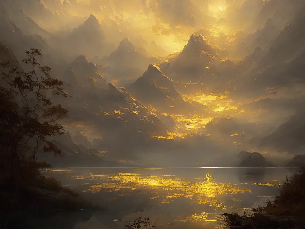 Prompt: A lake of pure gold, by Greg Rutkowski