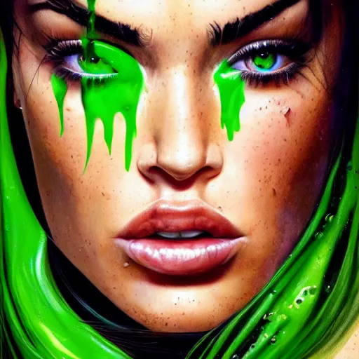 Image similar to megan fox closeup of face dripping green goo. hyperrealistic portrait, photo realistic, poster, artstation, volumetric lighting, digital art, very detailed face by magali villeneuve