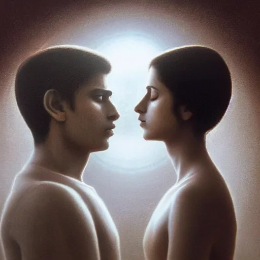 Image similar to perfectly - centered movie promotional poster - photograph of a young indian guy and a beautiful girl side profile faces symmetrical ; real life portrait by beksinski and jean delville, romantic theme, two lovers sharing one heart, unreal engine 5, photorealism, hd quality, 8 k resolution, cinema 4 d, hdr dramatic lighting ; symmetrical, cinematic, high coherence