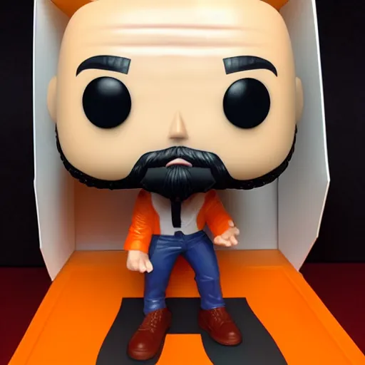 Image similar to funko pop bald man with a large orange beard in funko pop box