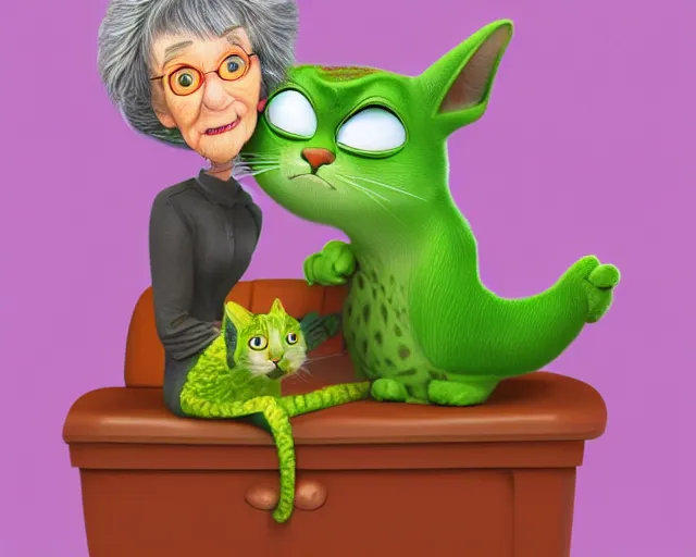 Image similar to detailed cartoon portrait of an old lady and her plant cat, pixar, sharp high quality