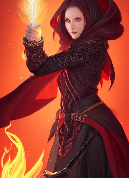 Prompt: portrait of a mix between wizard and rogue, female, shiny fire spell and dagger, leather robes, high fantasy, dnd, face details, extremely detailed, smooth, sharp focus, digital illustration, by artgem, rossdraws, sakimichan