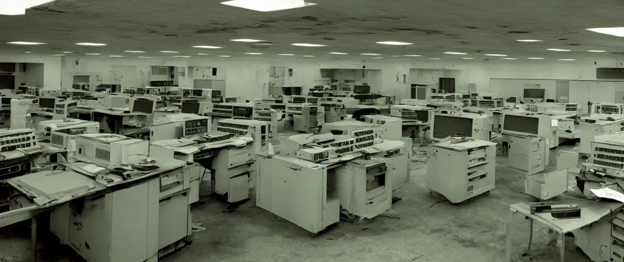 Prompt: movie still 4 k uhd 3 5 mm film color photograph of an abandoned computer laboratory control room full of cold war era computers