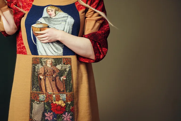 Image similar to a blonde woman wearing medieval tapestry as clothing