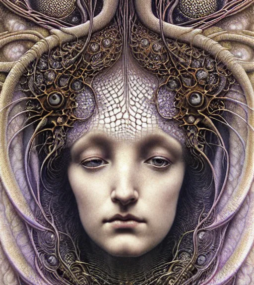 Prompt: detailed realistic beautiful crystal goddess face portrait by jean delville, gustave dore, iris van herpen and marco mazzoni, art forms of nature by ernst haeckel, art nouveau, symbolist, visionary, gothic, neo - gothic, pre - raphaelite, fractal lace, intricate alien botanicals, biodiversity, surreality, hyperdetailed ultrasharp octane render