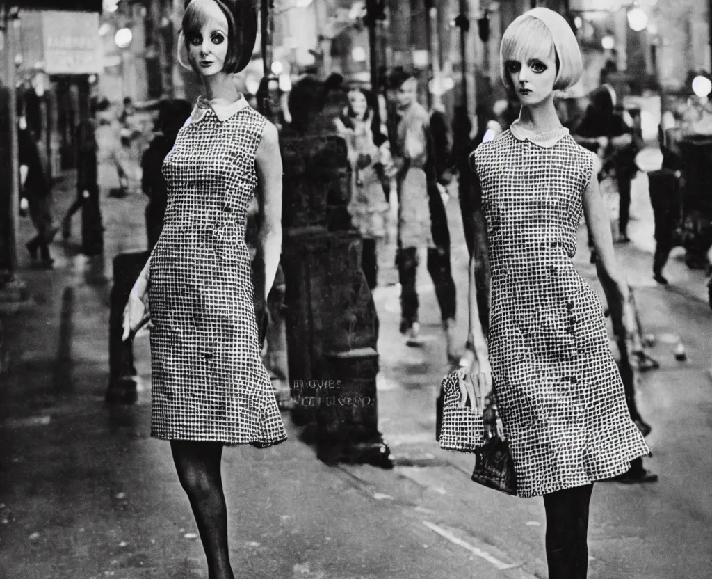 Image similar to 1960s fashion photography of twiggy in a checkered dress on the streets of London photographed by Annie Leibovitz, nighttime!!, flash photography, raining!, colorful, photorealistic, atmospheric,