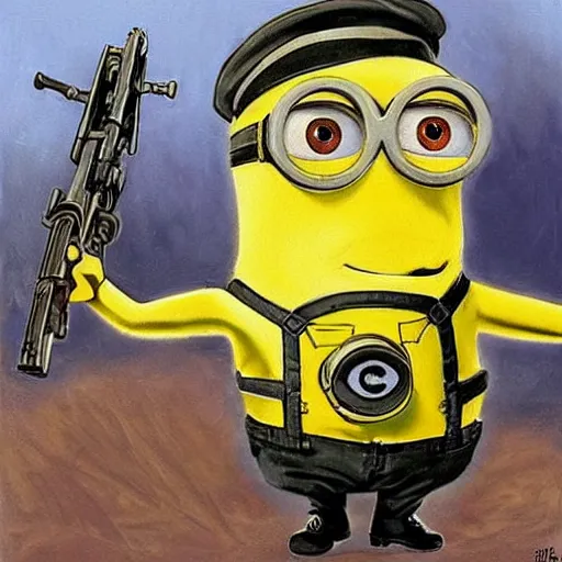 Prompt: a beautiful complex painting of a minion dressed as a soldier in world war ii the minion is shooting his gun