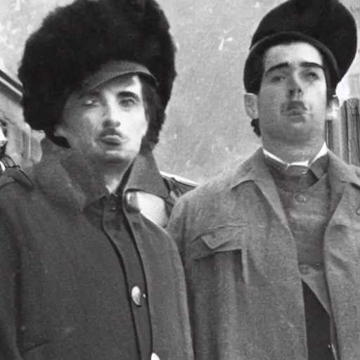 Prompt: Nathan For You, Nathan Fielder, Standing next to Joseph Stalin, Winter coats, somber solemn black and white photo