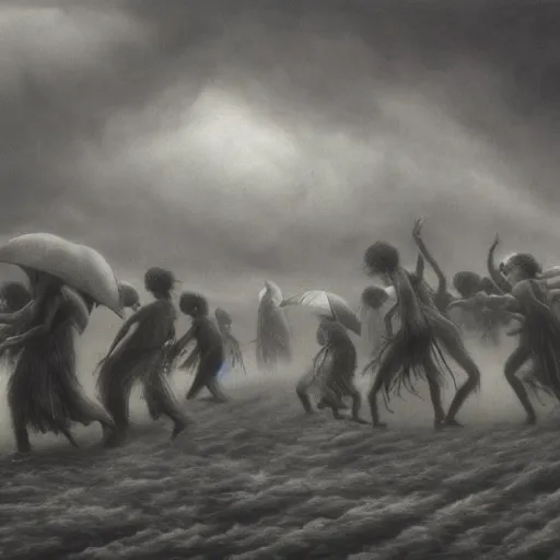 Image similar to a hyperrealistic painting of the dancers at the end of time, stormy skies, vivid color, by john kenn mortensen, highly detailed,