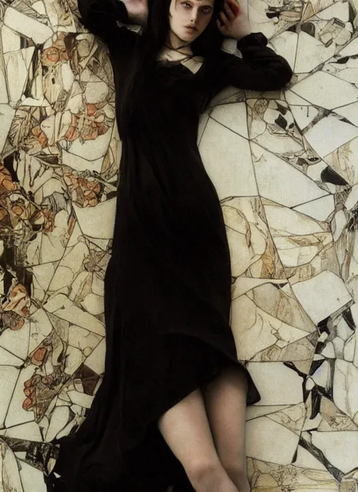 Image similar to a 1 6 year old girl eveline from resident evil 7 with straight long black hair wearing black dress that sitting on bathroom floor, photo for vogue, model エリサヘス s from acquamodels, art by artgem, greg rutkowski and alphonse mucha