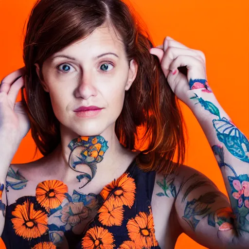 Prompt: portrait of a woman with flower tatoos, brown hair tied, red jacket and orange background, studio lighting