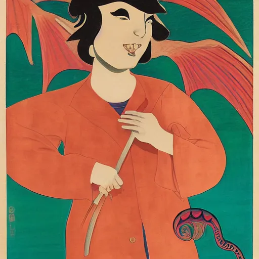 Prompt: ordered by yasuo kuniyoshi, by audrey kawasaki. a conceptual art of a young boy disguised as a dragon. the boy is shown wearing a costume with dragon - like features, including a long tail, wings, & horns. he has a large grin on his face, suggesting that he is enjoying his disguise.