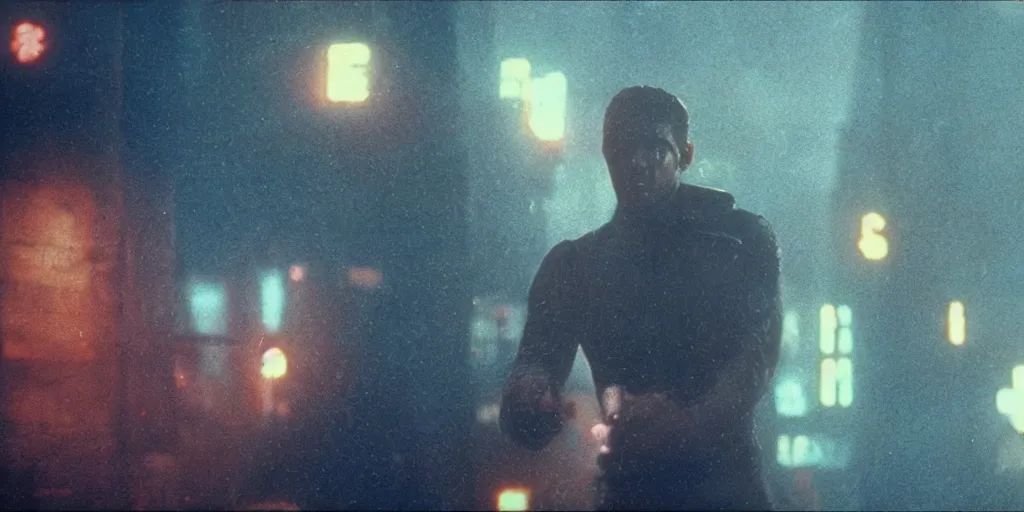 Image similar to a film still from blade runner starring Ariel the little mermaid