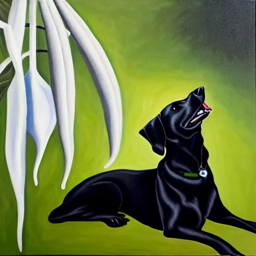 Image similar to oil painting of a black dog bearing its fangs next to white brugmansia suavolens flowers, with a dark background