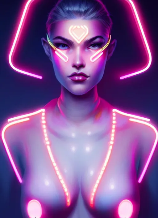 Image similar to portrait of female humanoid in wearable art fashion, intricate, elegant, cyber neon lights, highly detailed, digital photography, artstation, glamor pose, concept art, smooth, sharp focus, art by artgerm and greg rutkowski