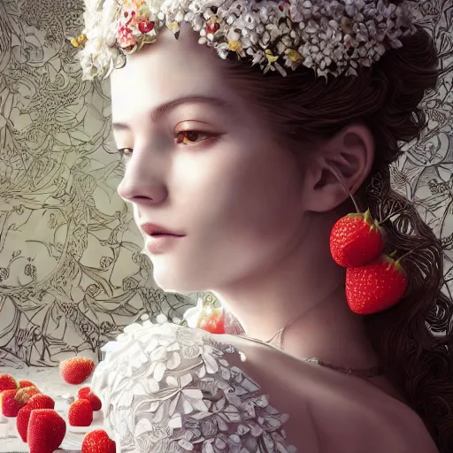 Image similar to the portrait of an absurdly beautiful, graceful, elegant, sophisticated, fashionable young woman made of strawberries and white petals with tears, an ultrafine hyperdetailed illustration by kim jung gi, irakli nadar, intricate linework, bright colors, octopath traveler, final fantasy, unreal engine 5 highly rendered, global illumination, radiant light, detailed and intricate environment