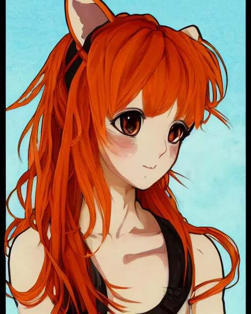 Image similar to A cute frontal painting of a very very beautiful anime skinny foxgirl with curly orange colored hair and fox ears on top of her head wearing a white short t-shirt with quake 3 symbolic looking at the viewer, elegant, delicate, soft lines, higly detailed, smooth , pixiv art, ArtStation, artgem, art by alphonse mucha charles reid and Gil Elvgren, high quality, digital illustration, concept art, long shot