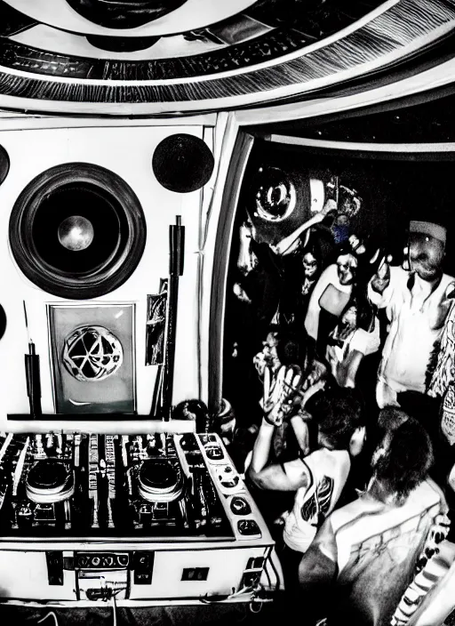 Prompt: a analogue photo of a tribal dj entertaining a crowd on a spaceship, planet earth seen in porthole window, wide angle, photography by Martha Cooper