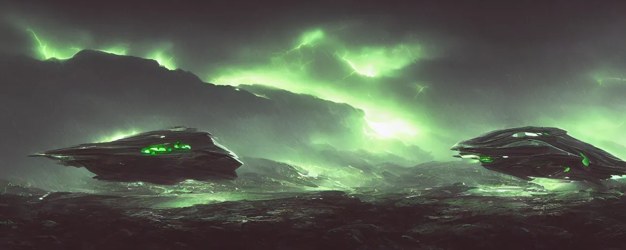 Image similar to an image of an alien bug like ship in the night on a mountain with green headlights on by Paul Chadeisson, atmospherical, heavy storm, lightnings , concept art, high detail, intimidating , cinematic, Artstation trending, octane render