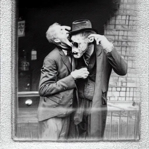 Prompt: hyper realistic vintage photograph of a vampire biting an old mans neck outside of a bar at night detailed faces, grain, old, monochrome, wide angle