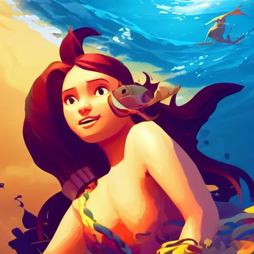 Image similar to painting mermaid treasure on sea of thieves game avatar hero smooth face median photoshop filter cutout vector, behance hd by jesper ejsing, by rhads, makoto shinkai and lois van baarle, ilya kuvshinov, rossdraws global illumination