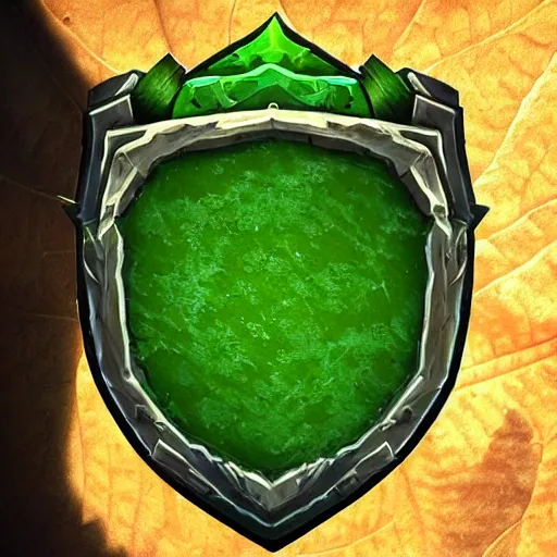 Image similar to green leaves shield weapon, tree roots on the shield weapon, shield made of leaves, epic fantasy style, hearthstone style, weapon art