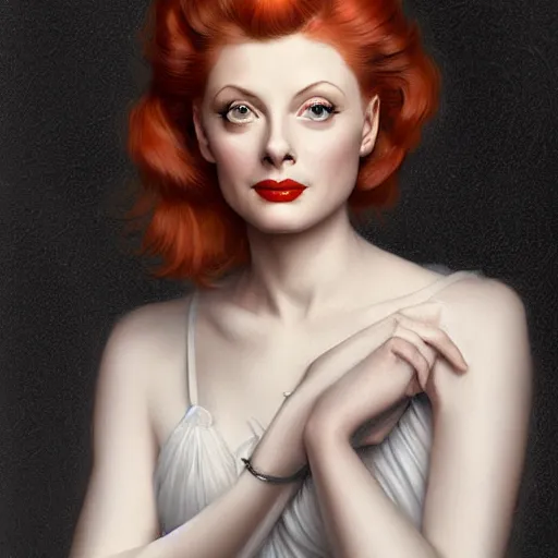 Prompt: beautiful striking Pre-Raphaelite Lucille Ball by Artgerm and Greg Rutkowski, pale, intricate, elegant, highly detailed, digital painting