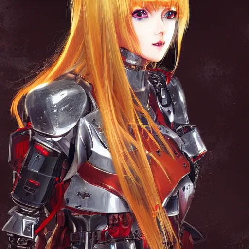 Image similar to cute red armored cyborg - anime girl, long gold hair, yellow eyes, digitally painted by ross draws, extreme high intricate details by wlop, digital anime art, black shadows, stylized shading