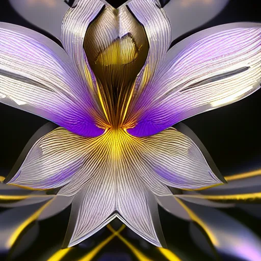 Image similar to a metallic iris flower, cybertronic, shiny unreal engine