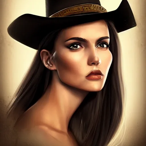 Image similar to portrait of a young woman, long dark hair and an angular face with a scar across the chin. cowboy hat, daring and bold, con - artist and spy, beautiful, rpg, dnd, artgerm