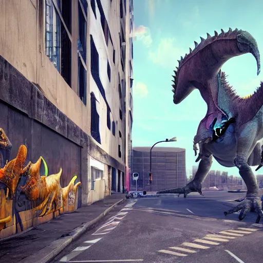 Image similar to A dinosaur emerging out of an giant street art work on a busy street, unreal engine, octane render