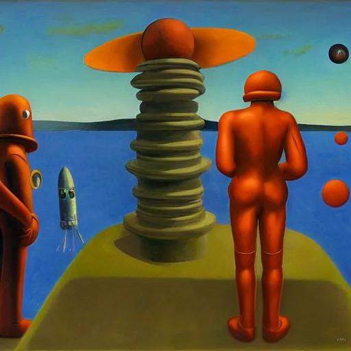 Image similar to space men exploring a fantastical alien landscape, they discover something, pj crook, edward hopper, oil on canvas