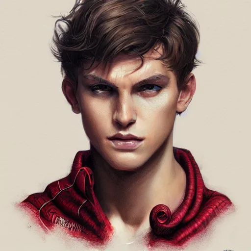 Prompt: portrait of a young spiderman handsome, male, masculine, upper body, red hair,, d & d, fantasy, fierce, sharp features, intricate, elegant, highly detailed, digital painting, artstation, concept art, matte, sharp focus, illustration, art by artgerm and greg rutkowski and alphonse mucha