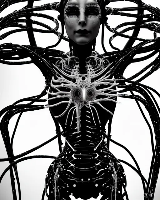 Image similar to black and white cyborg - plant goddess high quality photo, microchip, artificial intelligence, bio - mechanical bio - luminescence, black wired cables, neurons, nerve cells, cinematic, rim light, photo - realistic, high detail, 8 k, masterpiece, high fashion, in the style of steven meisel dora maar h. g. giger