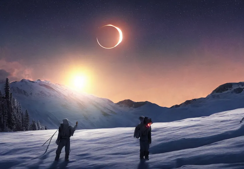 Image similar to fully photorealistic hdr eclipse at sunrise on snowy aurora mountaintop, distant glowing figures, masterpiece composition, art by john collier, albert aublet, artem demura, alphonse mucha, sharper luminescent focus, nd 6, hdr, movie still, cinematic diffuse lighting, artstation, textless, sharp focus