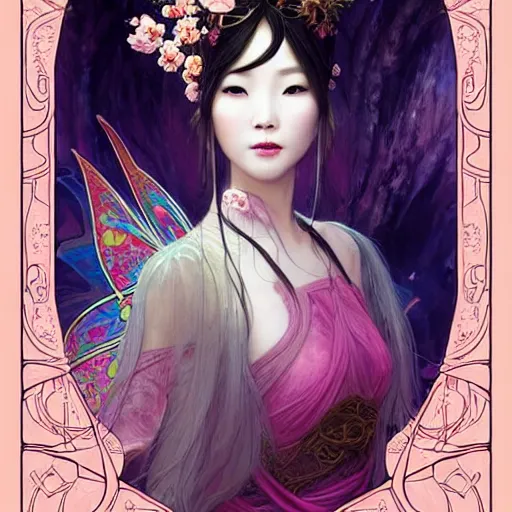 Prompt: face portrait of a chinese beautiful mysterious fairy with flowery tall headgear, without hands, by eve ventrue, artgerm, thomas kinkade, hayao miyazaki. art nouveau. tarot card by mucha. gloomhaven. swirly intricate linework background. gaudy colors, sharp edges. octane render