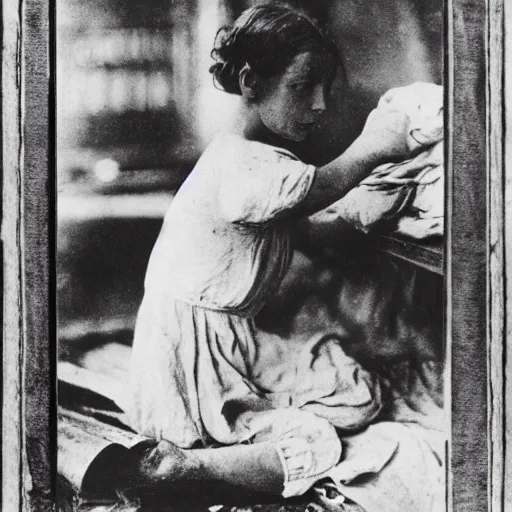 Image similar to famous photography Lewis Hine’s famous image Cotton Mill Girl, 1908