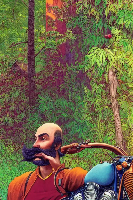 Image similar to a colorful closeup portrait of a handsome young bald man with a very long wild beard and handlebar moustache riding a motorcycle and dreaming psychedelic hallucinations in the overgrown landscape of amazon jungle, by kawase hasui, moebius and edward hopper, colorful flat surreal design, hd, 8 k, artstation