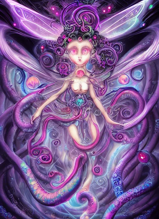 Image similar to A full shot of a dark fairy from the Abyss covered in opal. Symmetrical. Underwater. Lit from above. Dark foreboding Atmosphere. Sailor Moon. Tentacles. Kawaii. Neon glow. By Lisa Frank and HR Giger and Ross Tran. Key Art. Fantasy Illustration. award winning, Artstation, intricate details, realistic, Hyperdetailed, 8k resolution. Photoreal. Octane Render.