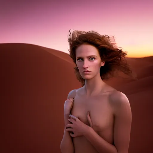 Prompt: photographic portrait of a stunningly beautiful renaissance female in soft dreamy light at a desert sunset, contemporary fashion shoot, by edward robert hughes, annie leibovitz and steve mccurry, david lazar, jimmy nelsson, breathtaking, 8 k resolution, extremely detailed, beautiful, establishing shot, artistic, hyperrealistic, beautiful face, octane render